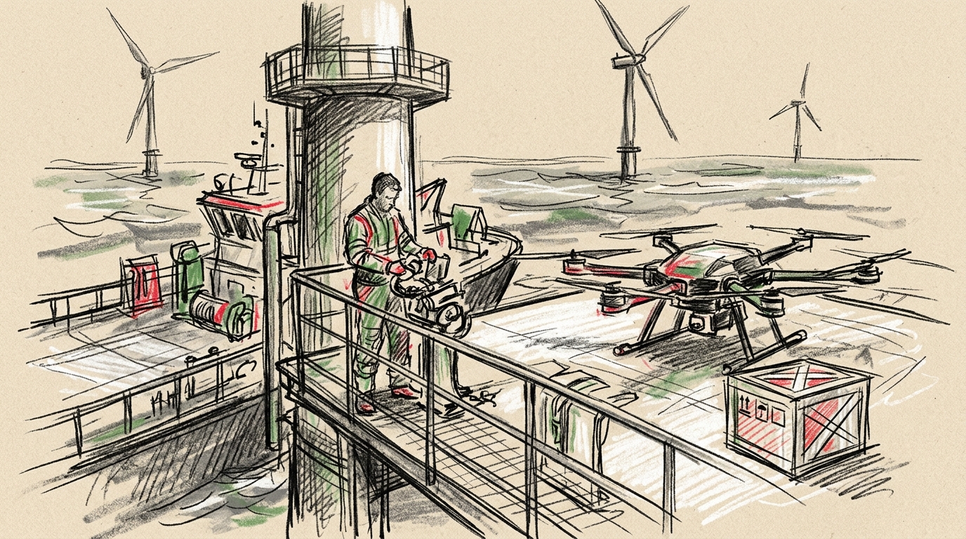 Illustration zu: Schwerlastdrohnen unterstützen Wartungsarbeiten im Offshore-Windpark Triton Knoll