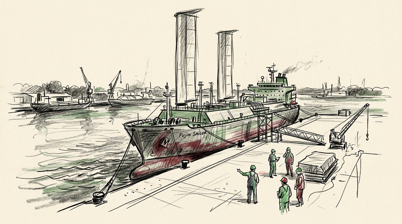 Illustration zu: Erster LNG-Frachter mit zwei starren Windsegeln getauft